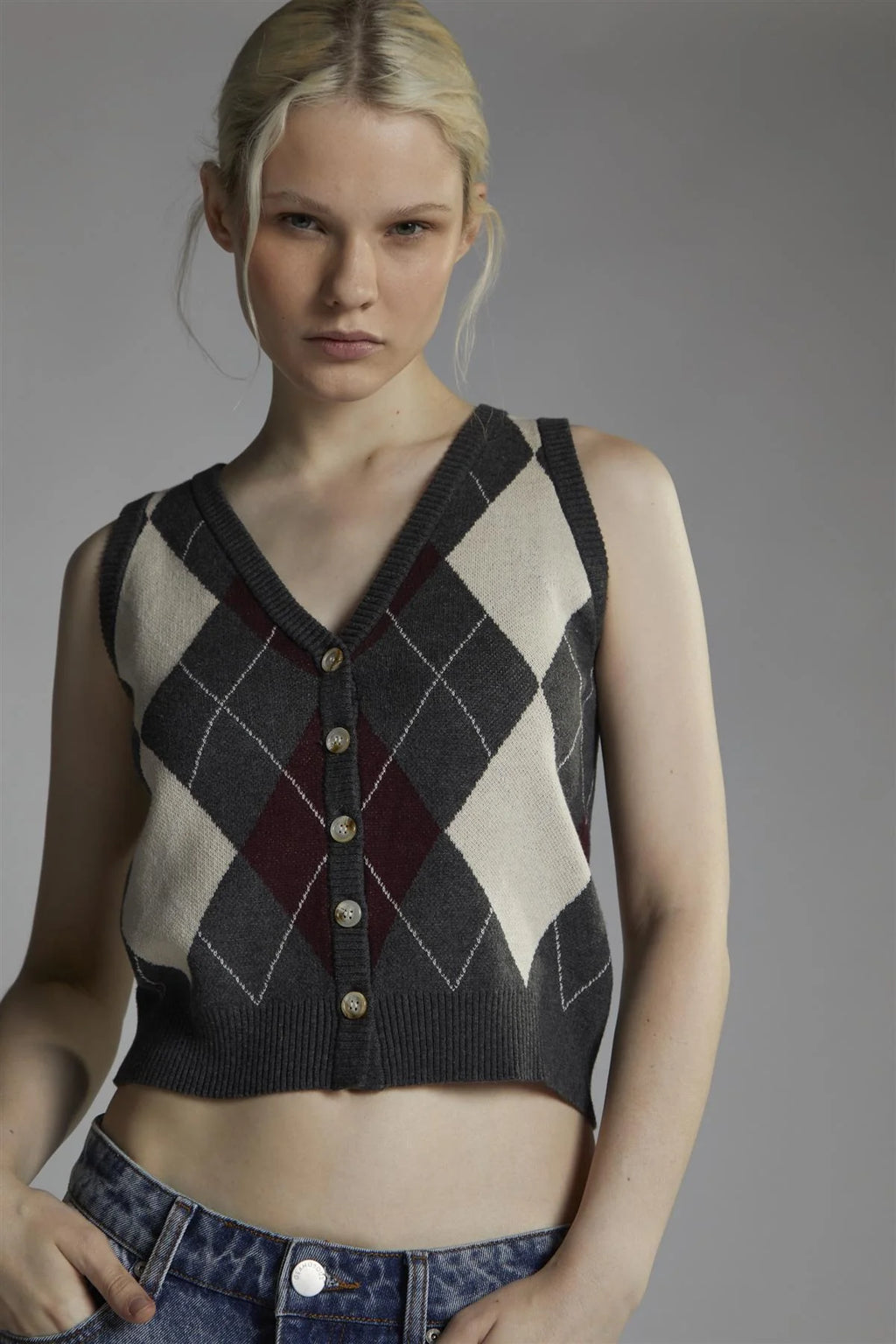 GLAMOROUS. Crop-top Argyle grigio-beige-bordeaux. COD.811