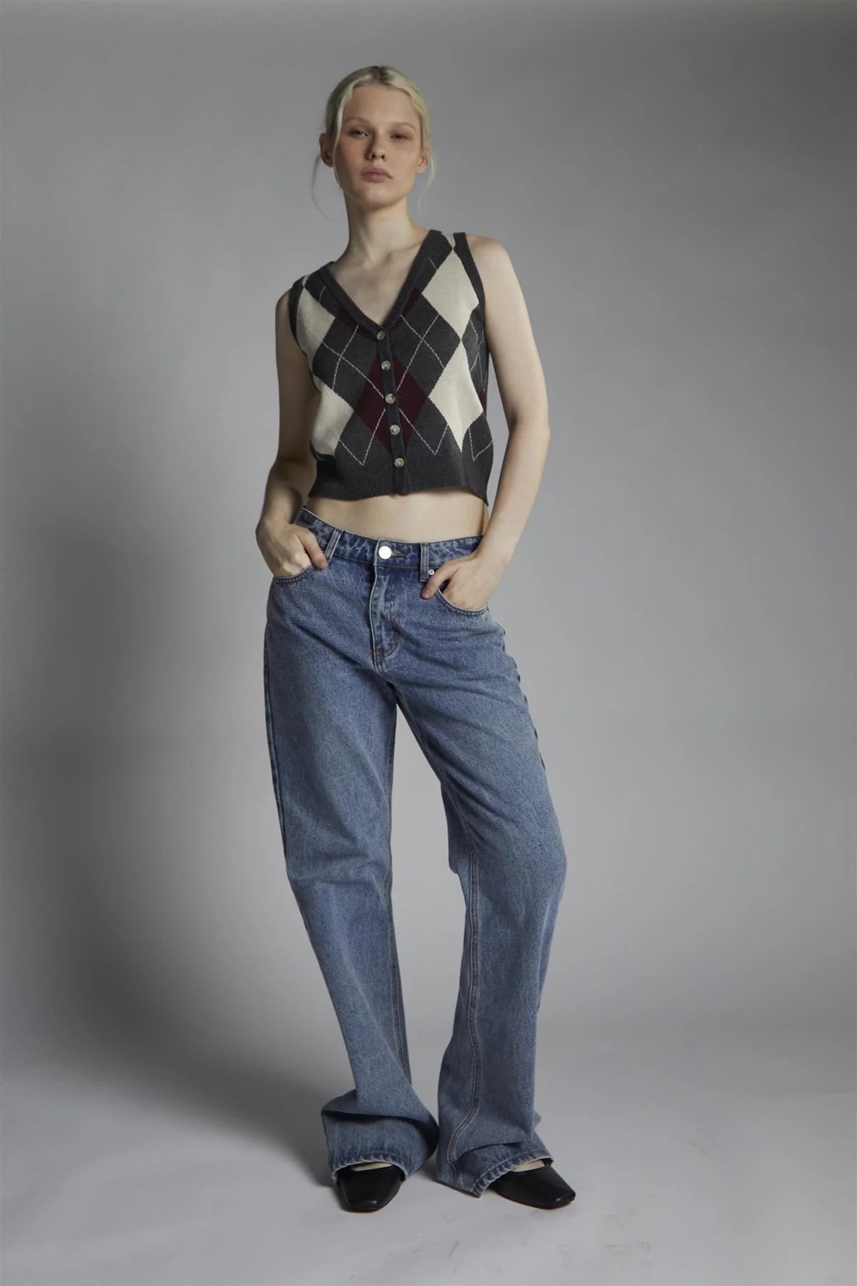 GLAMOROUS. Crop-top Argyle grigio-beige-bordeaux. COD.811