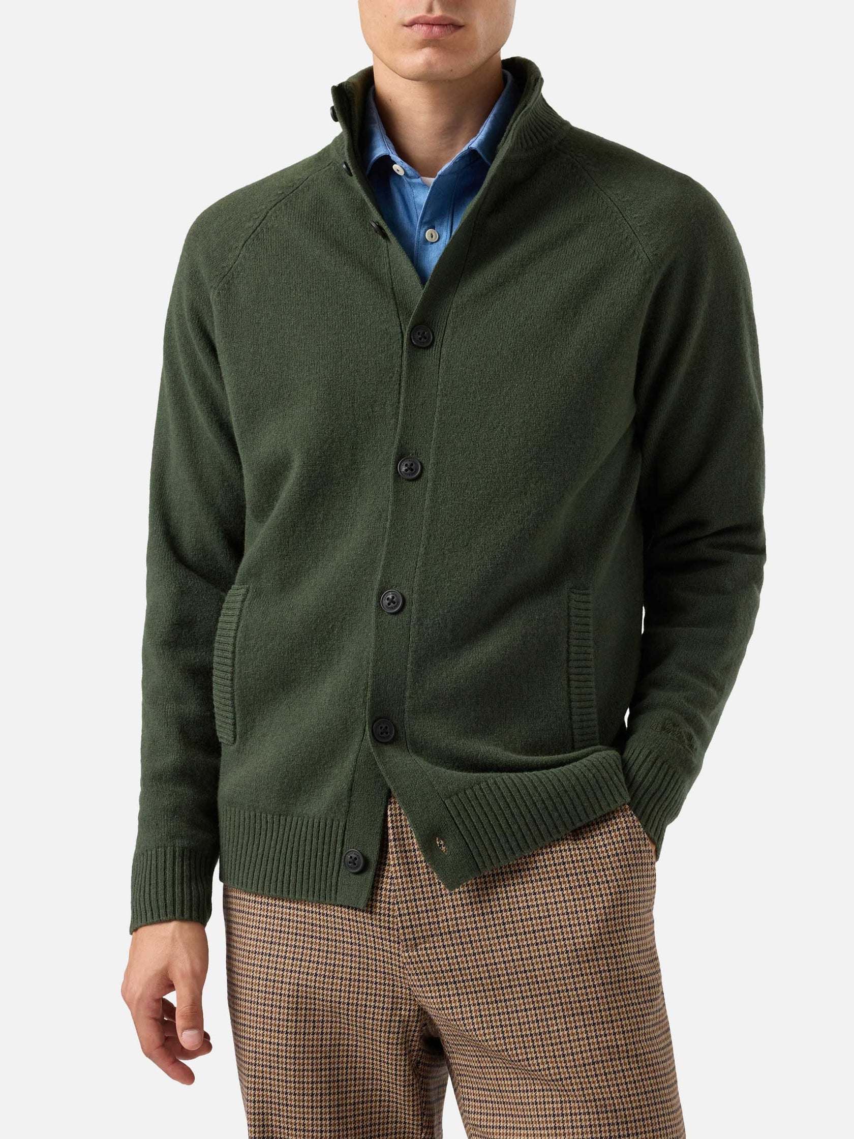 SAINT BARTH. Cardigan Galway in lana Verde militare. COD. 214