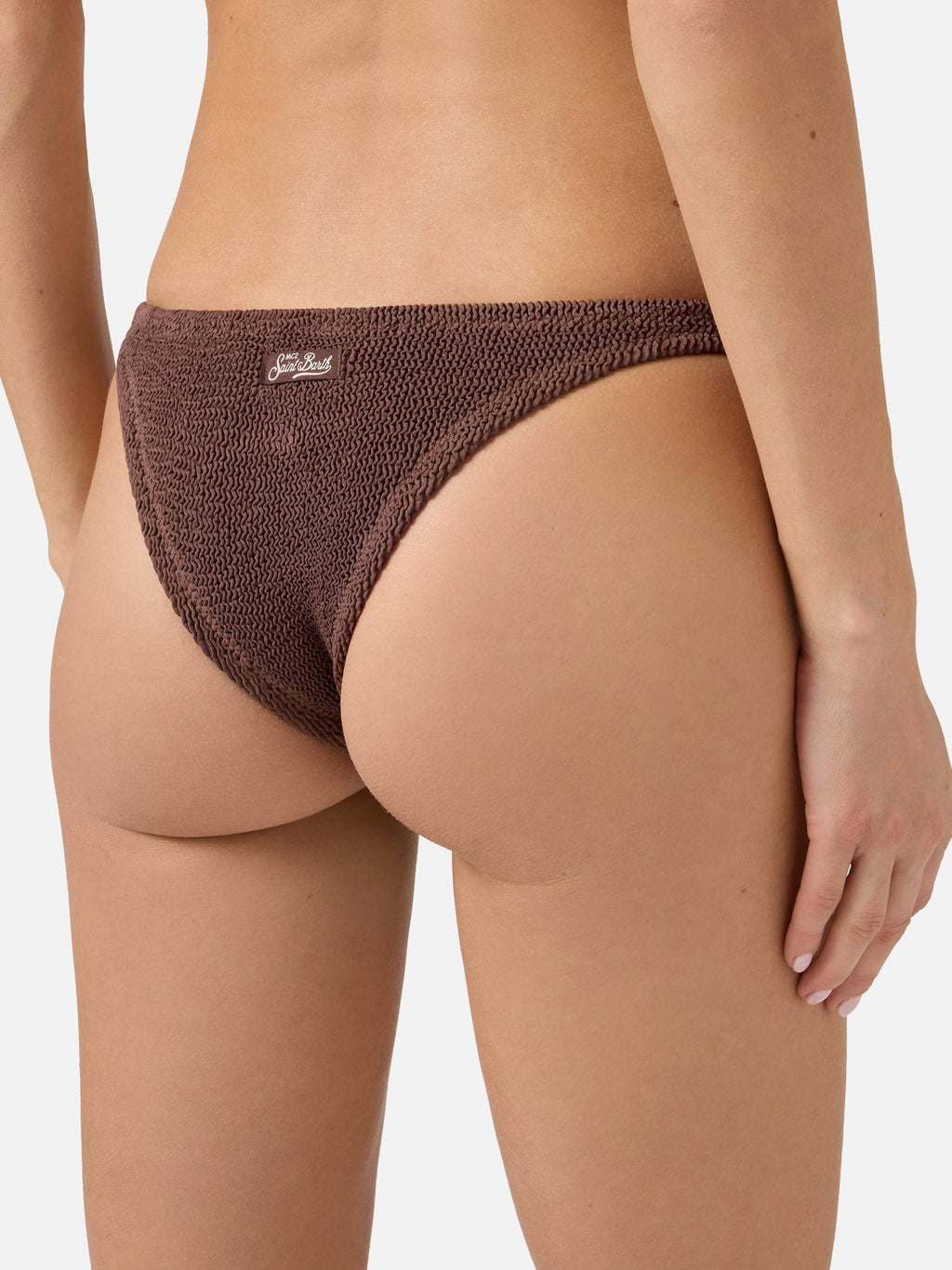 SAINT BARTH Slip mare naomi modello brasiliana in tessuto crinkle marrone cod.2015