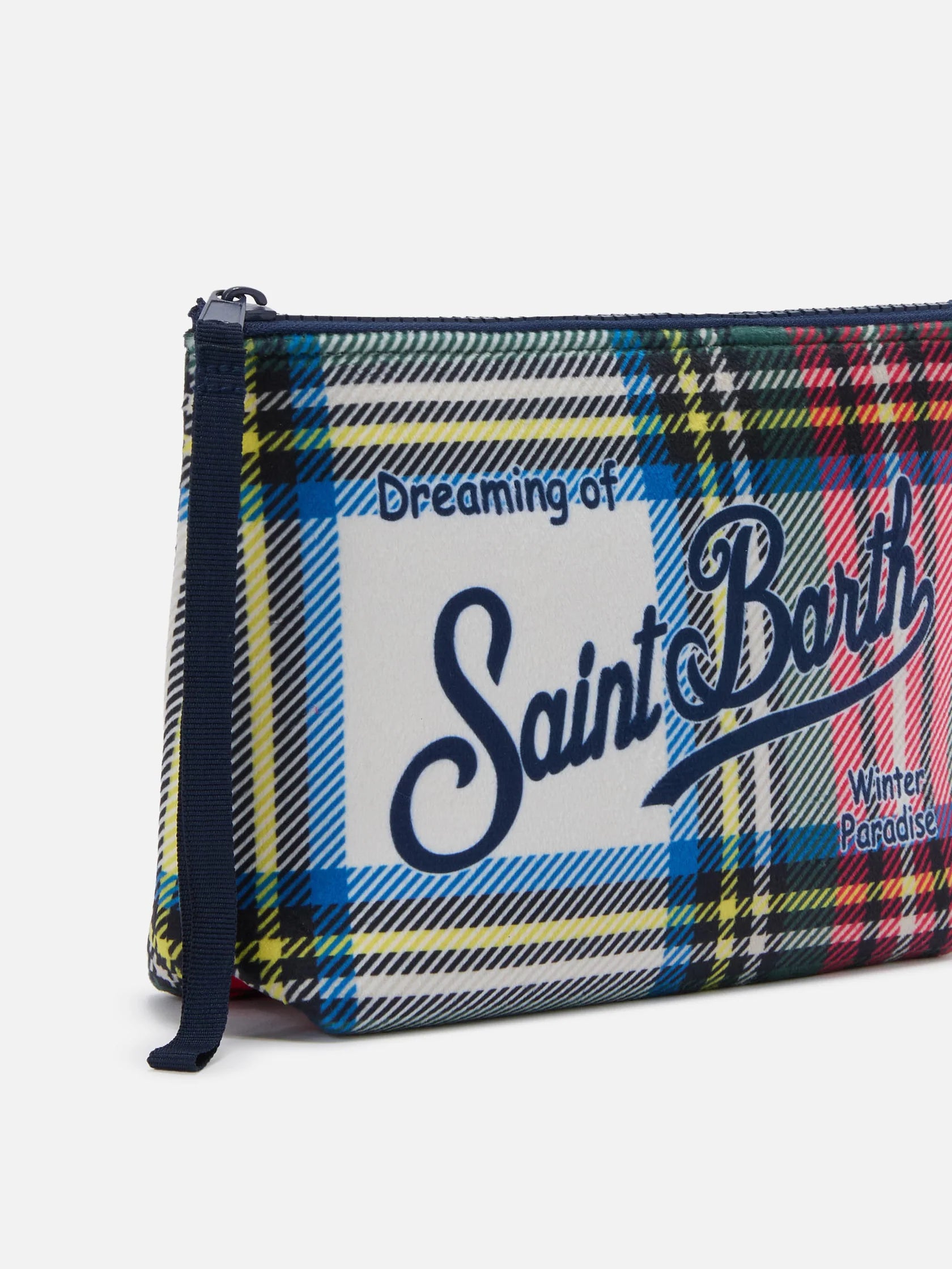 SAINT BARTH. Pochette Aline effetto lana con stampa tartan bianca. COD.513