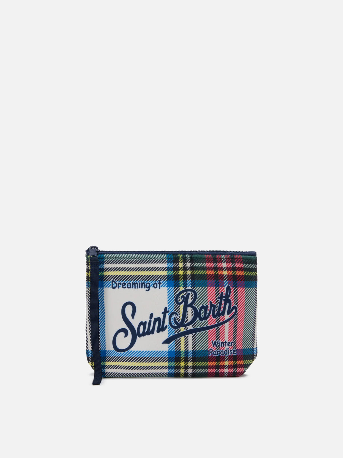 SAINT BARTH. Pochette Aline effetto lana con stampa tartan bianca. COD.513