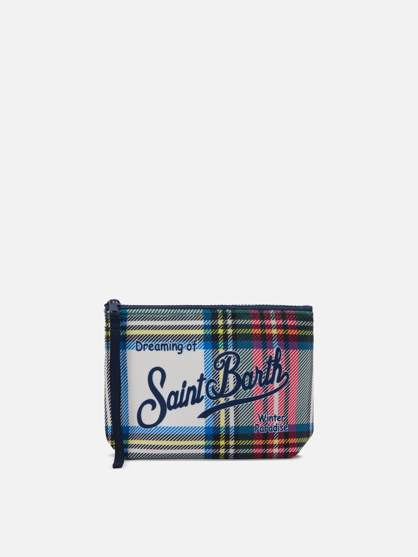 SAINT BARTH. Pochette Aline effetto lana con stampa tartan bianca. COD.513